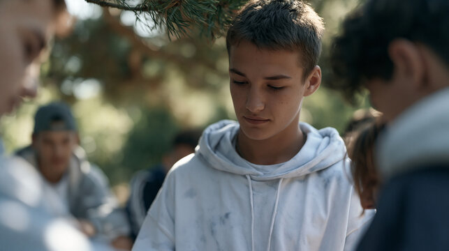 A fifteen-year-old refuses a lit cigarette extended by a ring of older classmates in a summer park, stance firm, sunlight cutting through tree canopy above the tense circle, ideal