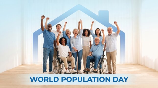 Diverse group of senior men and women standing and sitting in wheelchairs celebrating together in front of a large blue house outline with the text population day at the bottom