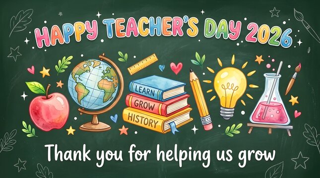 Happy teacher's day 2026 colorful chalkboard illustration with educational icons