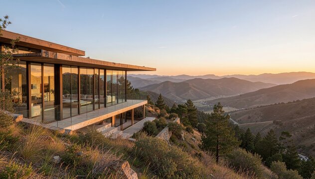 Modern Mountain Retreat at Sunset: A contemporary house with expansive glass walls offers breathtaking panoramic views of rolling hills and a valley bathed in the warm golden light of sunset.