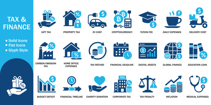 Tax and finance solid icon set with finance business budget. Vector illustration of realistic investment flat symbol, property, corporate, asset, cryptocurrency, banking, calculation template.