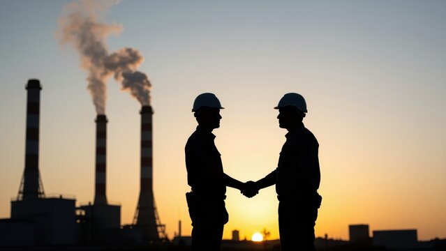 Industrial Partnership at Dusk: Silhouetted against a vibrant sunset, two engineers in hard hats shake hands in front of a factory emitting plumes of smoke.