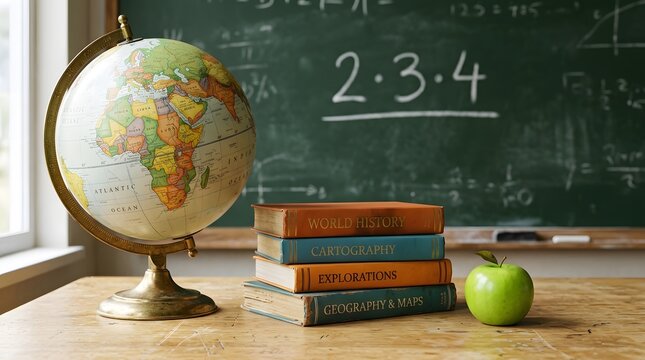 Classroom desk with globe books and apple