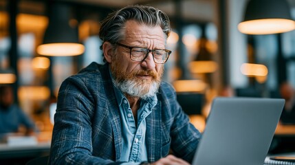 Fototapeta premium A middle-aged man with a beard and glasses working on a laptop in a modern office