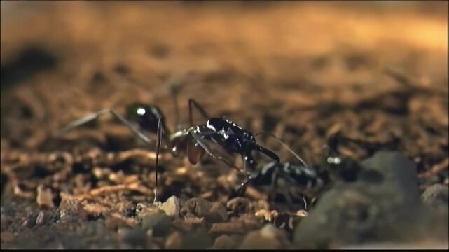 Close-up macro footage of ants interacting on the forest floor