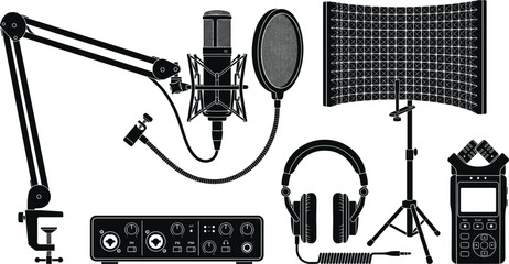 Professional Podcast Audio Recording Equipment Icon Set with Studio Microphone Boom Arm Interface Headphones Shield and Portable Recorder © Rimu