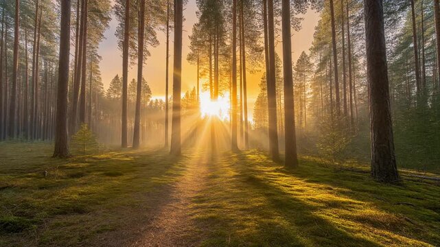 Radiant timelapse of sunlight shifting through pine forest trail with long shadows stretching