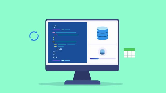 Modern flat vector animation of an AI database development dashboard on a desktop monitor with source code editor, database management, synchronization, and programming interface. Ideal for software 