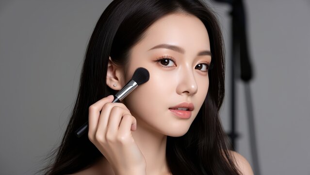 A woman applying makeup: A young woman with long, dark hair and flawless skin applies makeup with a brush, her expression focused and serene, highlighting the art of beauty and self-care.