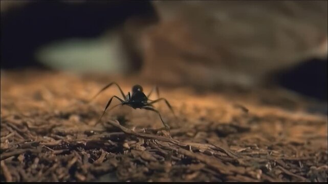 Close-up macro footage of a black ant exploring a textured forest floor environment