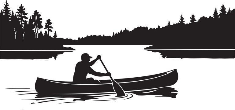Canoe, silhouette illustration, vector canoeing, black and white, outdoor adventure