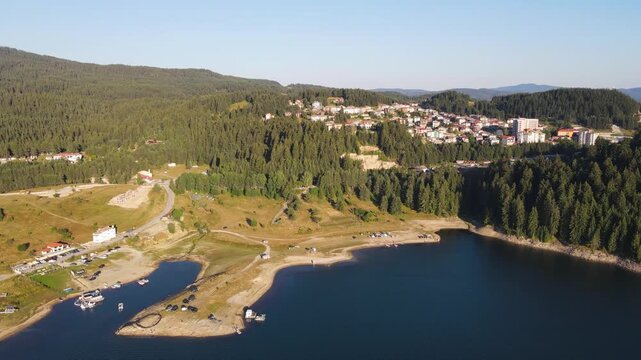 Aerial Summer view of Dospat Reservoir, Smolyan Region, Bulgaria
