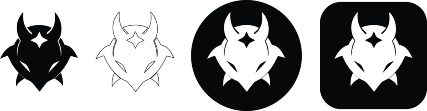 Four devil horned creature featuring silhouette, outline, circular, and rounded square variations in black and white