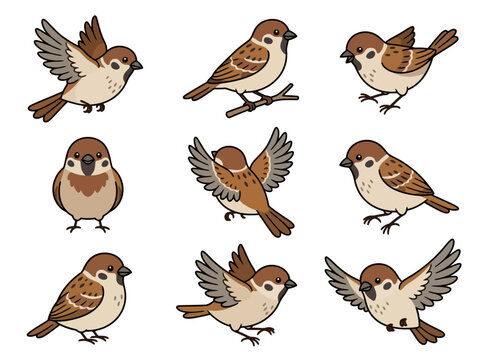 A collection of cute cartoon sparrows in various poses and flight patterns.