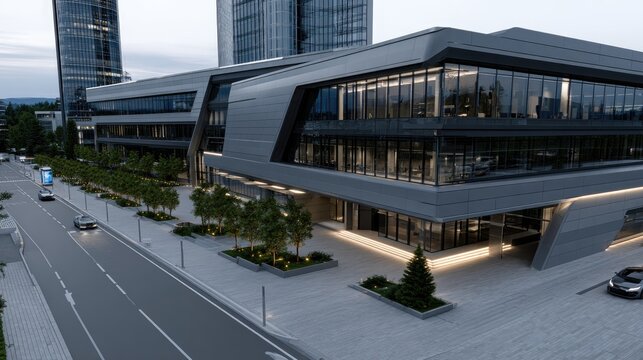 Futuristic police headquarters in smart city with autonomous vehicles parked outside during blue hour