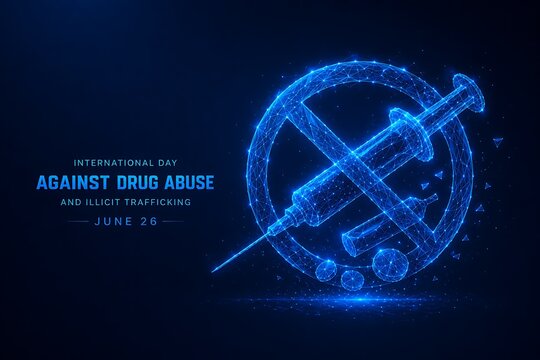 Abstract digital illustration of anti-drug abuse concept with syringe and prohibition sign addiction prohibition narcotics prevention wireframe abstract technology polygonal campaign