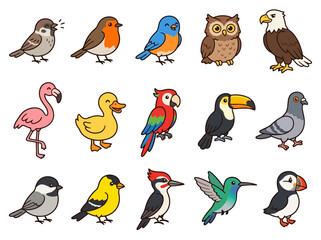 Fototapeta premium A collection of fifteen colorful cartoon birds in a grid layout.