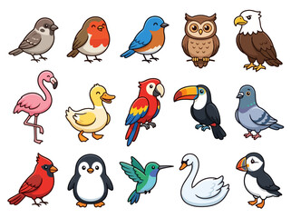 Fototapeta premium A collection of fifteen colorful cartoon birds including a flamingo owl and parrot.