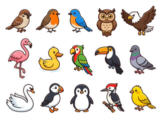 Fototapeta premium A collection of cute cartoon birds including owl eagle parrot penguin and flamingo.