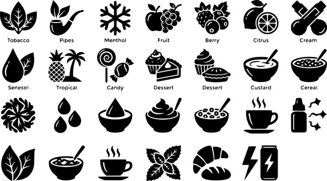 E-Liquid Flavor Category Bold Line Icons-Tobacco Menthol Fruit Berry Citrus Tropical Candy Dessert Custard Cereal Coffee Mint Bakery Energy-25 Flavor Icon Set Vector
