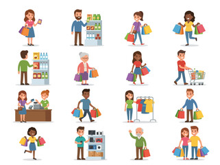 Fototapeta premium Diverse group of people shopping in a store with bags and carts.