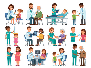 Fototapeta premium A collection of diverse medical professionals interacting with patients in various healthcare settings.