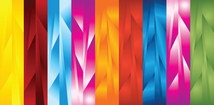 Vibrant vertical stripe vector pattern featuring multi colored prismatic gradients and sharp abstract shapes for energetic modern style backgrounds.