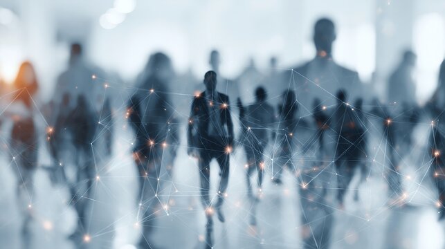 A blurred crowd of people walking with a network of lines and lights in the background