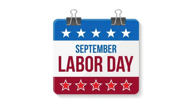 Calendar Icon with September Labor Day Label and Star Decorations on Blue Red Top and Bottom Panels Featuring Holiday, Schedule