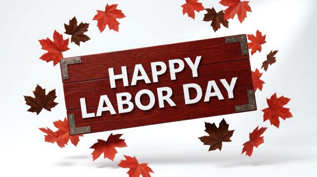 Labor Day Sign with Red Maple Leaves and Wood Plaque Reading Happy Labor Day on Clean White Background