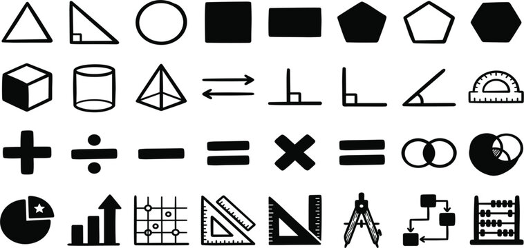 Mathematics and Geometry Icon Set with Geometric Shapes 3D Forms Math Operators and Drafting Tools for Academic Education Web and Apps