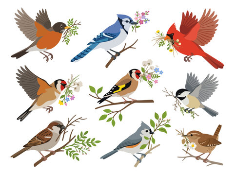 A collection of various colorful songbirds perched on branches and flying with floral twigs.