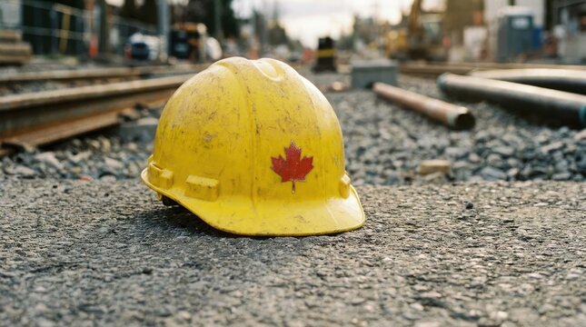 Yellow Hard Hat with Canadian Maple Leaf on Asphalt Road with Railroad Tracks in the Background. Featuring Construction, Canada