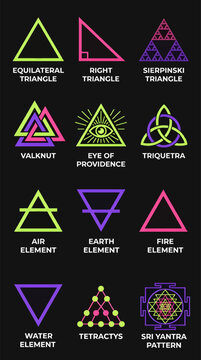 Collection of Geometric and Mystical Triangle Symbols, Including Elemental, Valknut, Eye of Providence, Triquetra, Tetractys, and Sri Yantra, Flat Vector Illustration on Black Background