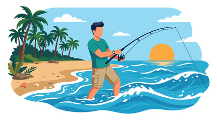 Flat style vector illustration of man catching a large fish while fishing in ocean waves near a tropical beach. Perfect for summer adventure, outdoor recreation, travel and hobby themes © Amie