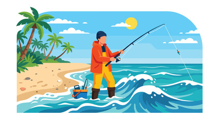 Flat style vector illustration of man catching a large fish while fishing in ocean waves near a tropical beach. Perfect for summer adventure, outdoor recreation, travel and hobby themes © Amie