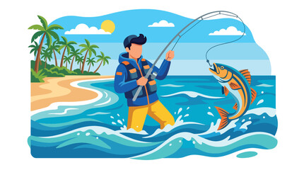 Flat style vector illustration of man catching a large fish while fishing in ocean waves near a tropical beach. Perfect for summer adventure, outdoor recreation, travel and hobby themes © Amie