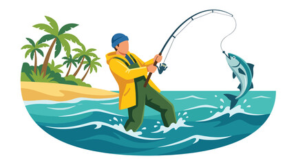 Flat style vector illustration of man catching a large fish while fishing in ocean waves near a tropical beach. Perfect for summer adventure, outdoor recreation, travel and hobby themes © Amie