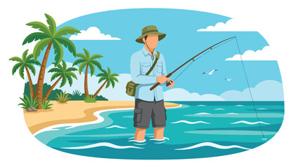 Flat style vector illustration of man catching a large fish while fishing in ocean waves near a tropical beach. Perfect for summer adventure, outdoor recreation, travel and hobby themes © Amie
