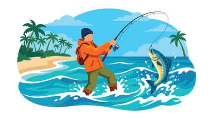 Flat style vector illustration of man catching a large fish while fishing in ocean waves near a tropical beach. Perfect for summer adventure, outdoor recreation, travel and hobby themes © Amie