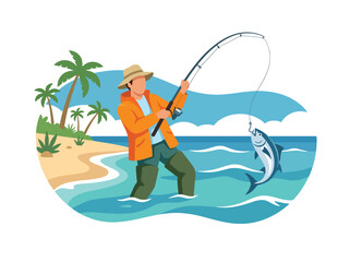 Flat style vector illustration of man catching a large fish while fishing in ocean waves near a tropical beach. Perfect for summer adventure, outdoor recreation, travel and hobby themes © Amie