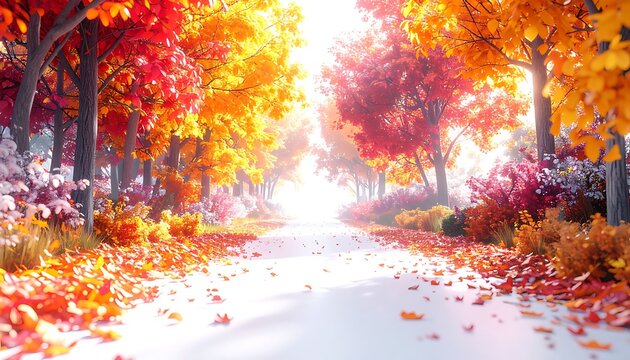 A serene autumn road surrounded by vibrant trees and fallen leaves