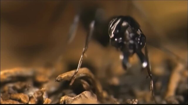 Extreme close-up of a black ant's head and mandibles interacting with its environment