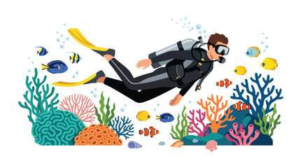 Flat style vector illustration of man scuba diving through colorful coral reefs surrounded by tropical fish. Perfect for summer adventure, marine tourism, underwater exploration and travel themes © Amie