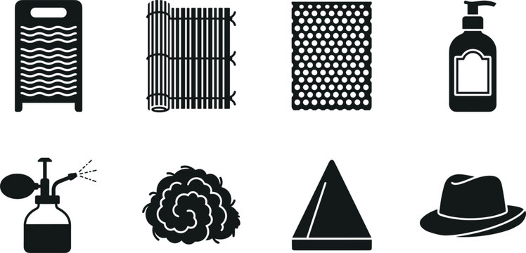 Traditional Bath and Sauna Accessories Icon Set with Massage Mat, Washboard, Soap Bottle, Sponge, Hat, and Spray Bottle