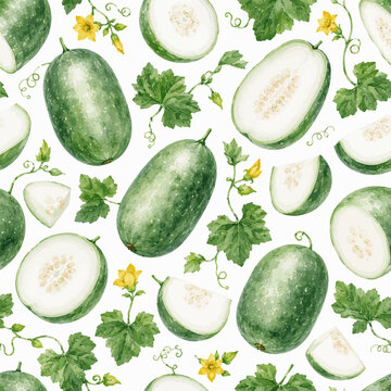Warercolor Winter Melon Seamless Pattern with Wax Gourd, Slices, Leaves and Blossoms on White Background
