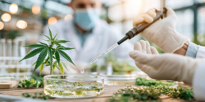 Biotechnology laboratory research with cannabis extract testing petri dish showing focused