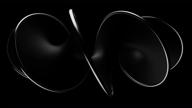 Looping 3d animation of rotating black matte metal spiral with polished glossy edges, kinetic mechanical motion background. 3d rendering not AI