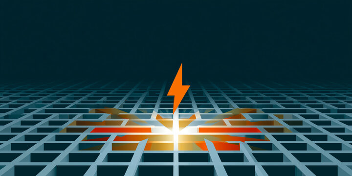 Flat illustration of an orange lightning bolt breaking through a 3D perspective grid floor, with a bright burst of light at the point of impact with a richly evocative visual atmosphere.