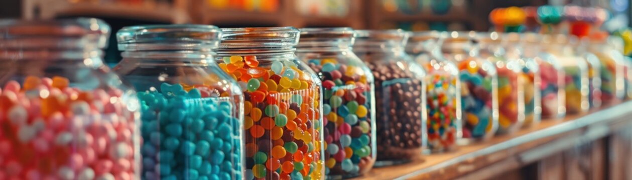 A vintage candy store with rows of colorful jars filled with jellybeans, lollipops, and gummy bears 4K